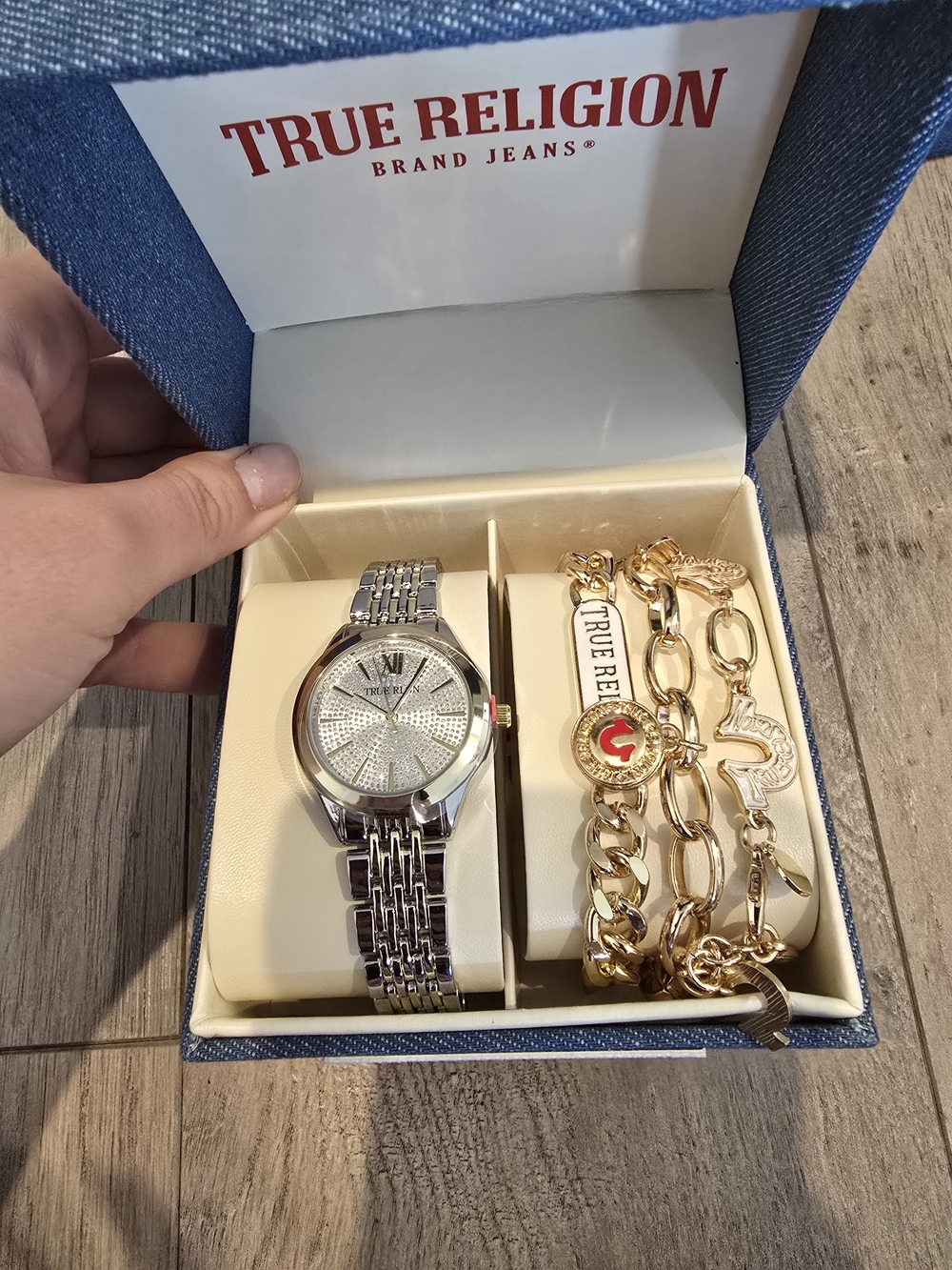True Religion Silver Watch with Gold Charm Bracelets Set